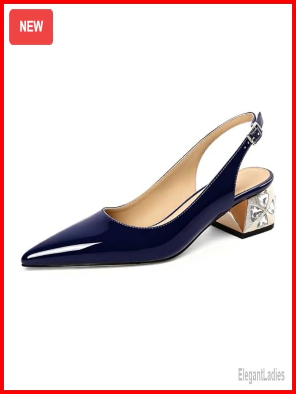 Womens Pointed Toe Slingback Block Heel Pumps Rhinestone Dressy Shoes